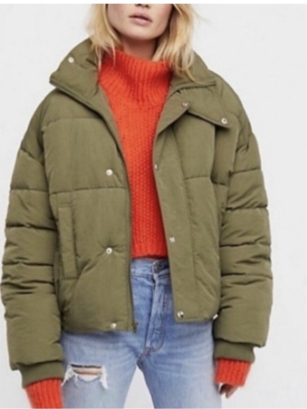 Free People Puffer Jacket in olive green size XL
